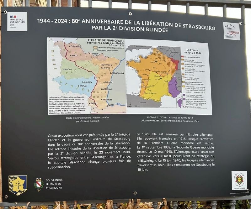 80th Anniversary of the Liberation of Strasbourg Marker. Click for full size. 80th Anniversary of the Liberation of Strasbourg Marker image. Click for full size.