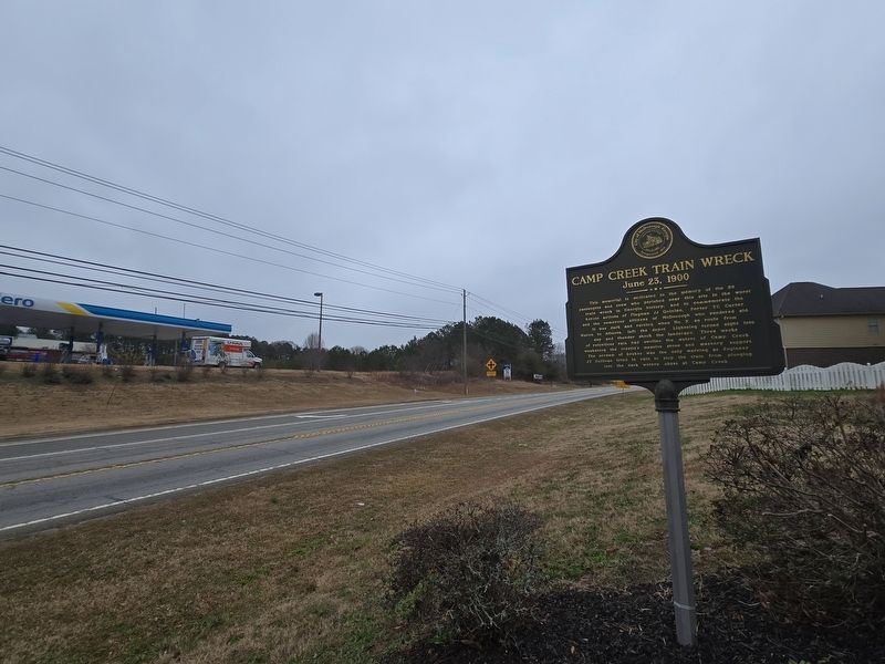 Camp Creek Train Wreck Marker looking south at US Hwy 23 (Atlanta Street). Click for full size. Camp Creek Train Wreck Marker looking south at US Hwy 23 (Atlanta Street) image. Click for full size.