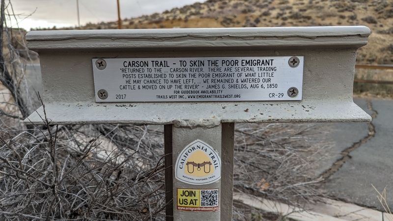 Carson Trail - To Skin the Poor Emigrant side of marker image. Click for full size.
