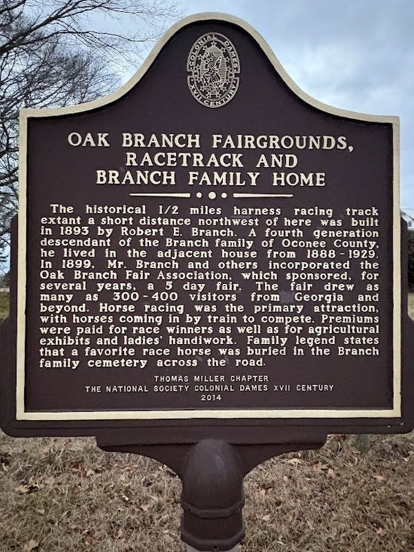 Oak Branch Fairgrounds, Racetrack and Branch Family Home marker image. Click for full size.