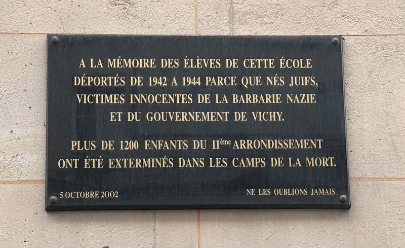 Ecole Maternelle Publique Popincourt Deported Jewish Students Memorial. Click for full size. Ecole Maternelle Publique Popincourt Deported Jewish Students Memorial image. Click for full size.