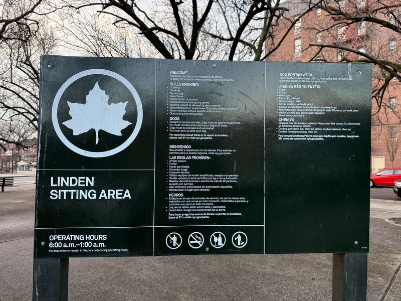 Additional NYC Parks signage for the Linden Sitting Area image. Click for full size.