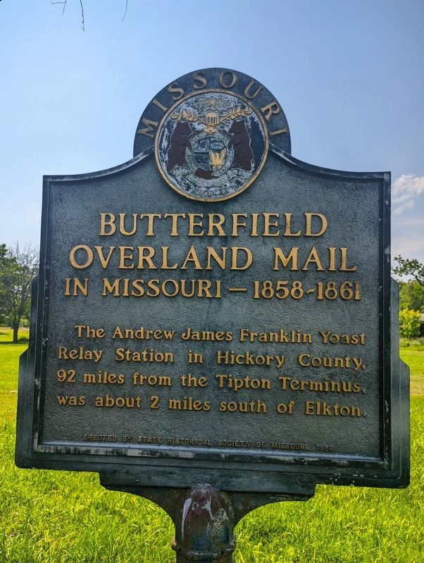 Elkton Butterfield Overland Mail in Missouri 1858-1861 Marker. Click for full size. Elkton Butterfield Overland Mail in Missouri 1858-1861 Marker image. Click for full size.