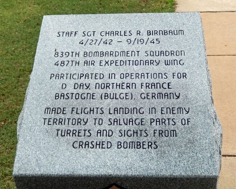 Staff SGT Charles R. Birnbaum Marker. Click for full size. Staff SGT Charles R. Birnbaum Marker image. Click for full size.