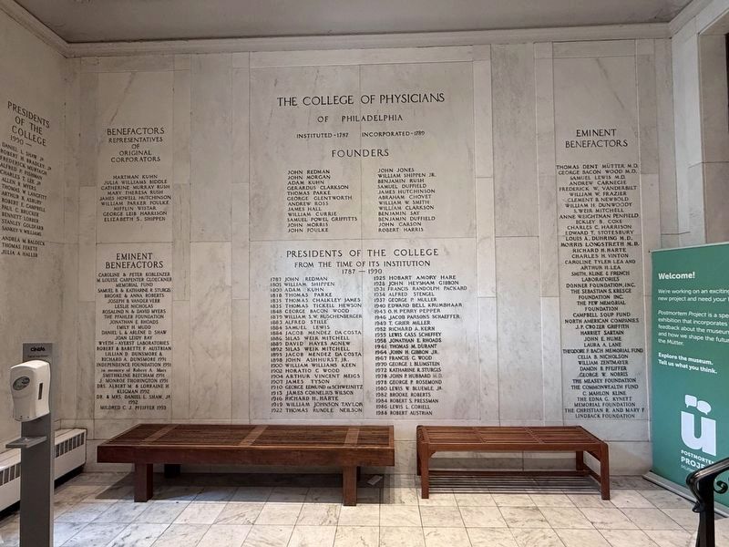 Inside the building is a display naming the founders, benefactors and presidents of the college image. Click for full size.