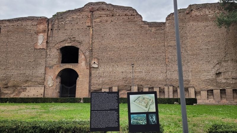 The view of the markers in front of the Baths of Caracalla from the outer courtyard. Click for full size. The view of the markers in front of the Baths of Caracalla from the outer courtyard image. Click for full size.