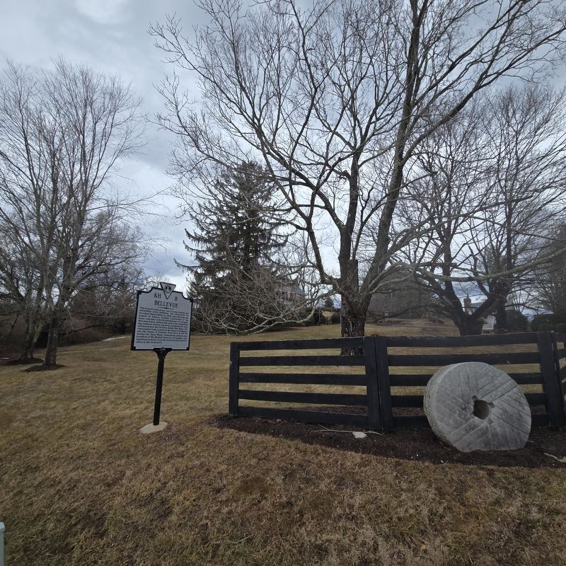 Bellevue Marker at the Bellevue property. House is behind center tree. Click for full size. Bellevue Marker at the Bellevue property. House is behind center tree image. Click for full size.