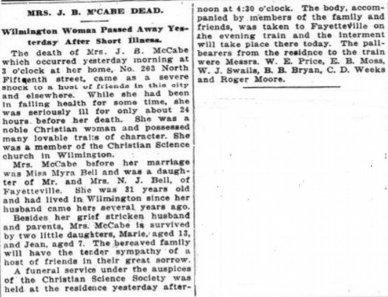 Myra Bell McCabe obituary. Click for full size. Myra Bell McCabe obituary image. Click for full size.