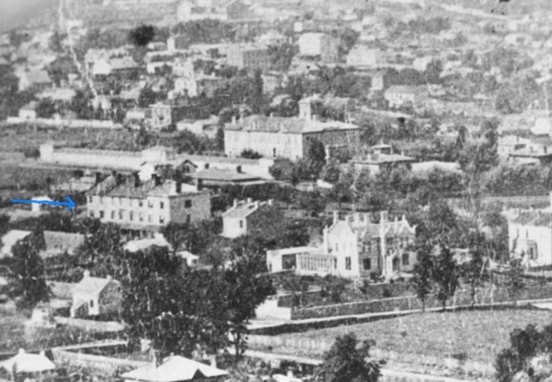 Sandyford Place, (from the rear, indicated with blue arrow), in ca 1865. Click for full size. Sandyford Place, (from the rear, indicated with blue arrow), in ca 1865 image. Click for full size.