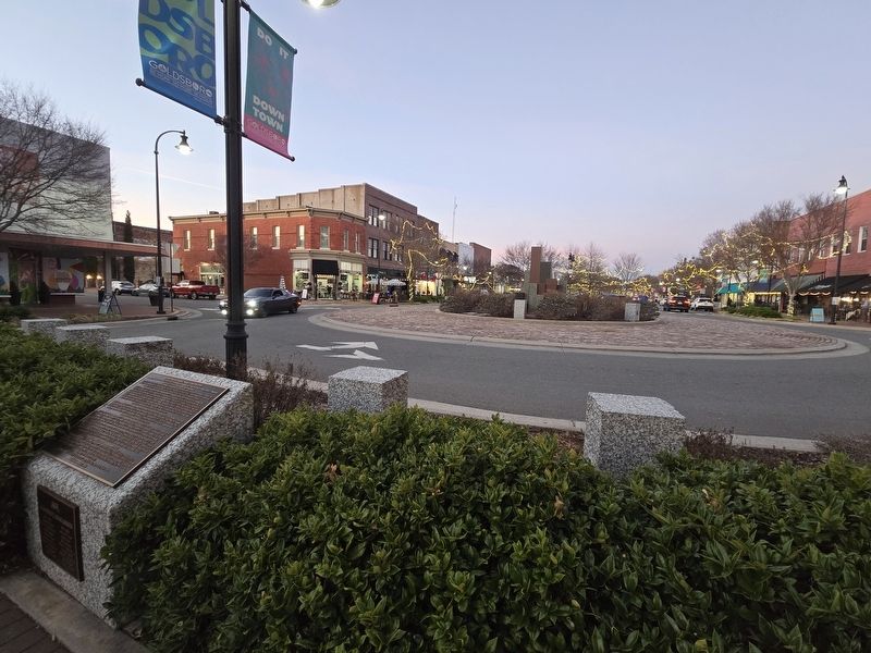 Full view of Downtown Goldsboro Transformation Story Marker at the S. Center & E/W Walnut roundabout. Click for full size. Full view of Downtown Goldsboro Transformation Story Marker at the S. Center & E/W Walnut roundabout image. Click for full size.