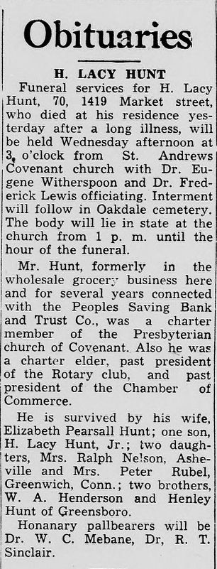 Heny Lacy Hunt obituary. Click for full size. Heny Lacy Hunt obituary image. Click for full size.