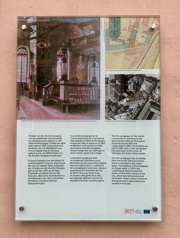 Der éischter Synagog / La Première Synagogue / The First Synagogue Marker. Click for full size. Der éischter Synagog / La Première Synagogue / The First Synagogue Marker image. Click for full size.