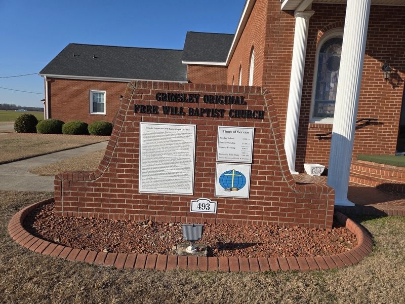 Grimsley Original Free Will Baptist Church front sign. Marker is on the left. Click for full size. Grimsley Original Free Will Baptist Church front sign. Marker is on the left image. Click for full size.
