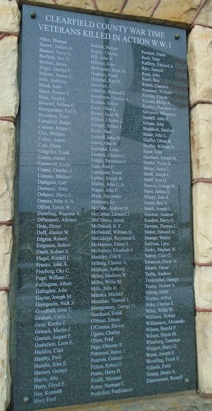 Clearfield County War Time Veterans Killed In Action W.W. I Marker. Click for full size. Clearfield County War Time Veterans Killed In Action W.W. I Marker image. Click for full size.