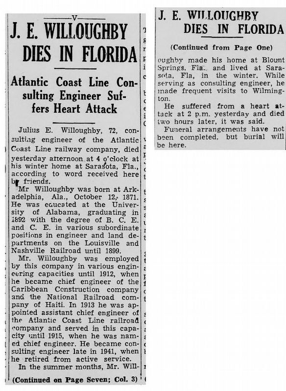 Julius Edgar Willoughby obituary. Click for full size. Julius Edgar Willoughby obituary image. Click for full size.