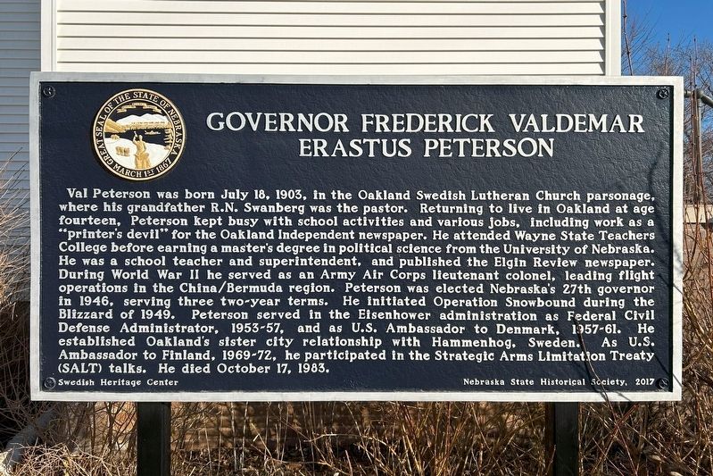 Governor Frederick Valdemar Erastus Peterson Marker image. Click for full size.
