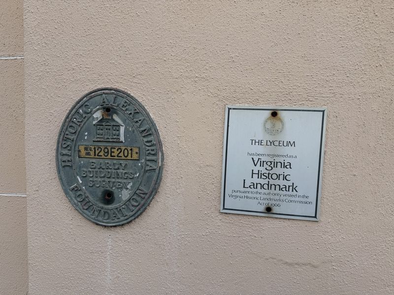 Historic Alexandria Foundation and Virginia Historic Landmark plaques for the Lyceum. Click for full size. Historic Alexandria Foundation and Virginia Historic Landmark plaques for the Lyceum image. Click for full size.