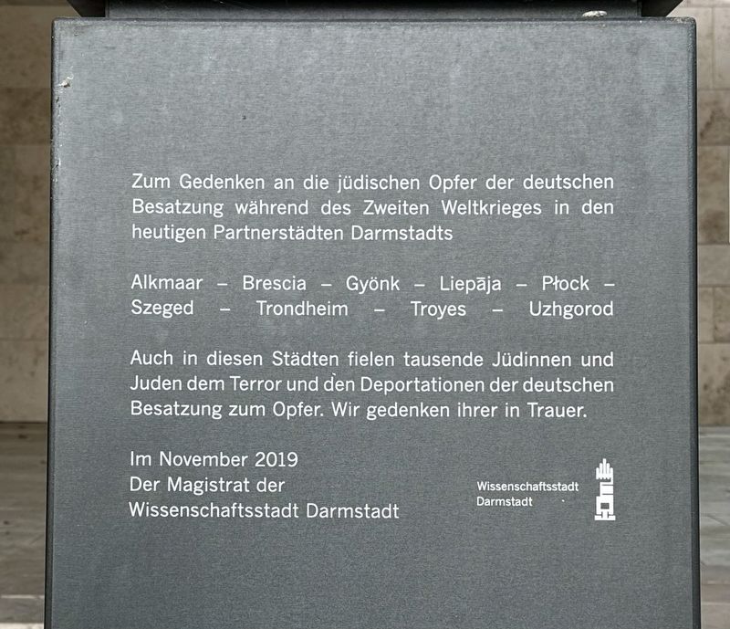 Darmstadt Sister City Occupation and Holocaust Memorial Marker image. Click for full size.