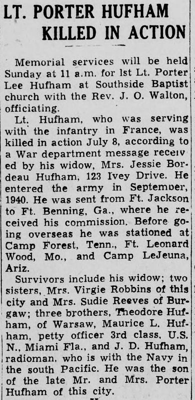 Lt. Porter Lee Hufham obituary image. Click for full size.