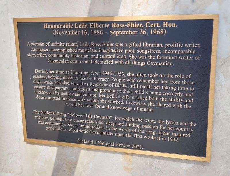 Honourable Leila Elberta Ross-Shier, Cert. Hon. Marker image. Click for full size.