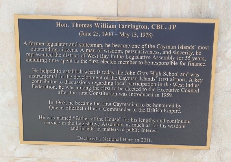 Hon. Thomas William Farrington, CBE, JP Marker image. Click for full size.