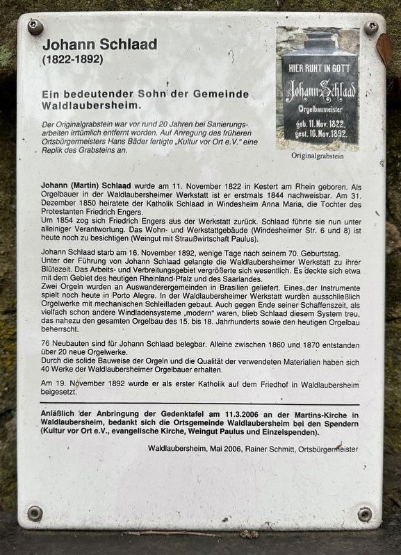 Johann Schlaad (1822-1892) Marker image. Click for full size.