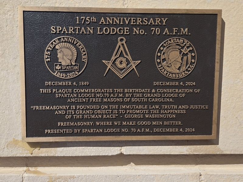 175th Anniversary Spartan Lodge No. 70 A. F. M. Marker image. Click for full size.
