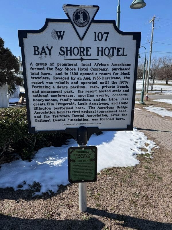Bay Shore Hotel Marker with Virginia Green Book Location marker attached. Click for full size. Bay Shore Hotel Marker with Virginia Green Book Location marker attached image. Click for full size.
