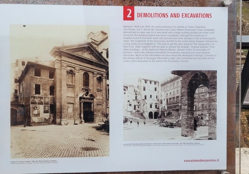 Le Demolizioni e lo Scavo / Demolitions and Excavations Marker (right side of the marker). Click for full size. Le Demolizioni e lo Scavo / Demolitions and Excavations Marker (right side of the marker) image. Click for full size.