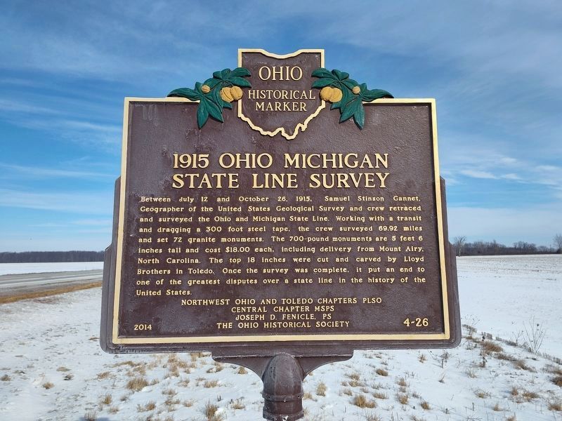 1915 Ohio Michigan State Line Survey side of the marker. Click for full size. 1915 Ohio Michigan State Line Survey side of the marker image. Click for full size.