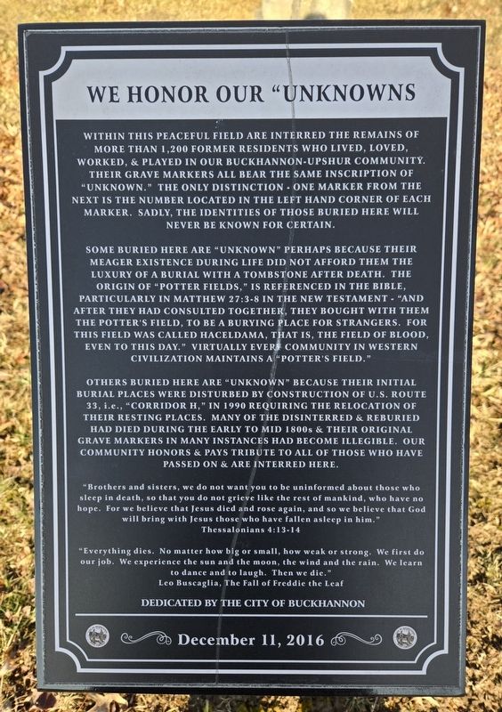 We Honor Our "Unknowns Marker. Click for full size. We Honor Our "Unknowns Marker image. Click for full size.