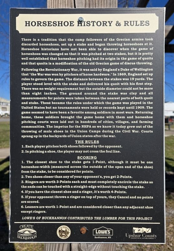 Horseshoe History & Rules Marker. Click for full size. Horseshoe History & Rules Marker image. Click for full size.