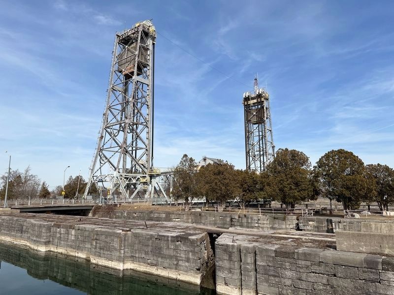 The Welland Canal from West Street, showing the stonework of the original channels image. Click for full size.