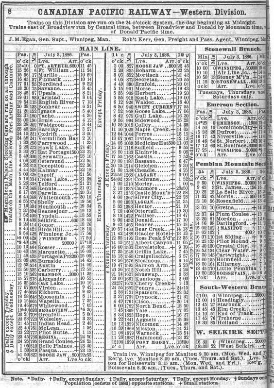 July 3, 1886, Canadian Pacific Railway Western Division Schedule image. Click for full size.