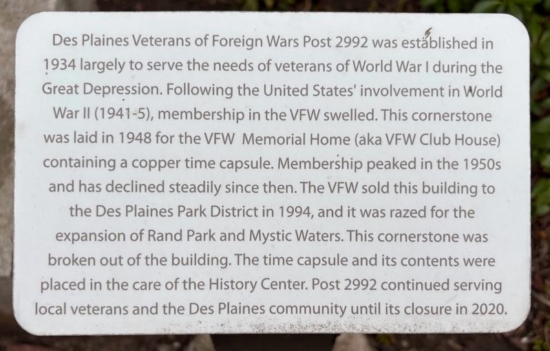 Des Plaines Veterans of Foreign Wars Post 2992 Marker image. Click for full size.