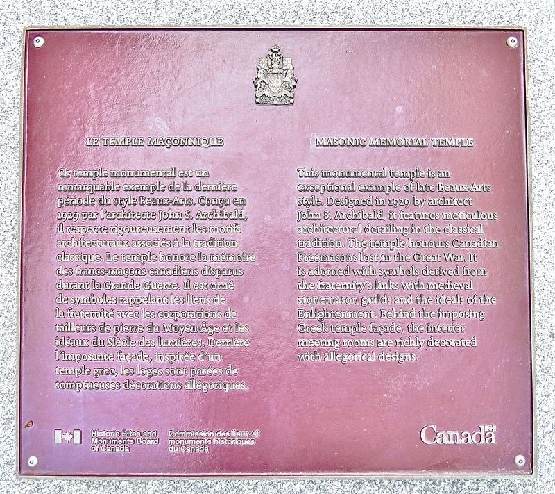 Le Temple Ma�onnique/Masonic Memorial Temple Marker image. Click for full size.