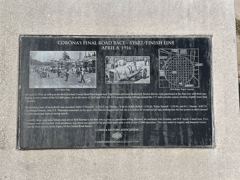 Corona's Final Road Race - Start/Finish Line April 8, 1916 Marker image. Click for full size.