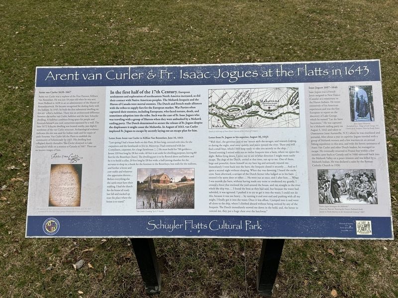 Arent van Curler & Fr. Isaac Jogues at the Flatts in 1643 Marker. Click for full size. Arent van Curler & Fr. Isaac Jogues at the Flatts in 1643 Marker image. Click for full size.
