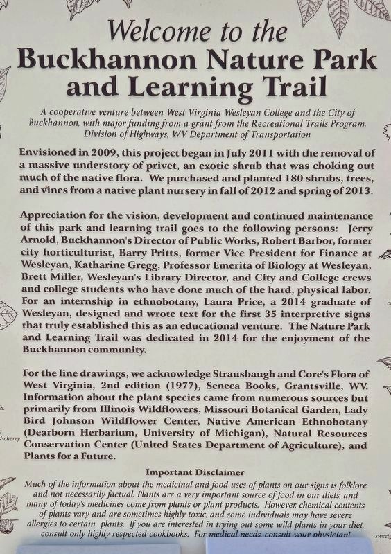 Welcome to the Buckhannon Nature Park and Learning Trail / Our Floodplain Forest Marker. Click for full size. Welcome to the Buckhannon Nature Park and Learning Trail / Our Floodplain Forest Marker image. Click for full size.