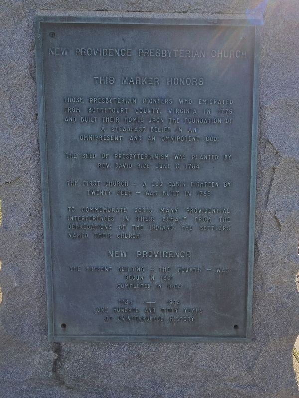 New Providence Presbyterian Church side of marker. Click for full size. New Providence Presbyterian Church side of marker image. Click for full size.