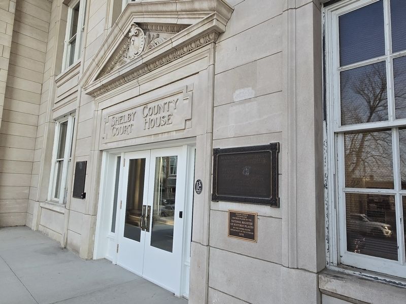 Shelby County Courthouse Marker on the right under the larger dedication plaque. Click for full size. Shelby County Courthouse Marker on the right under the larger dedication plaque image. Click for full size.