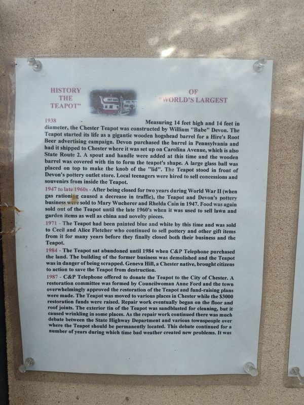 History Of The "World's Largest Teapot" Marker, Side One. Click for full size. History Of The "World's Largest Teapot" Marker, Side One image. Click for full size.