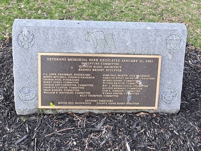 Veterans Memorial Park Sculpture dedication plaque. Click for full size. Veterans Memorial Park Sculpture dedication plaque image. Click for full size.