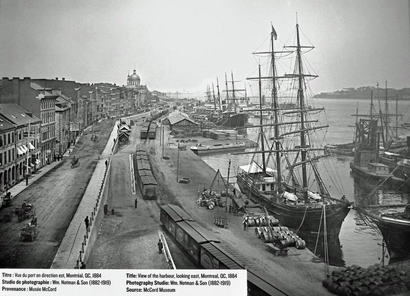 Marker detail: View of the harbour, looking east, Montreal, QC, 1884 image. Click for full size.