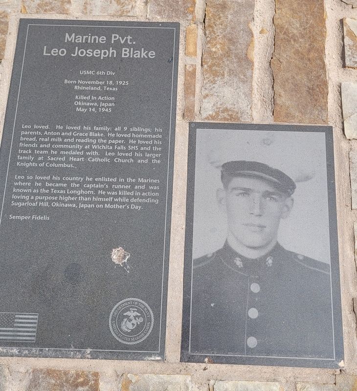Marine Pvt. Leo Joseph Blake Marker. Click for full size. Marine Pvt. Leo Joseph Blake Marker image. Click for full size.