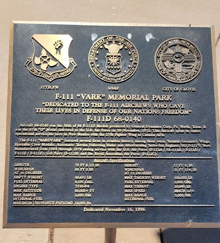 F-111 "Vark" Memorial Park Marker. Click for full size. F-111 "Vark" Memorial Park Marker image. Click for full size.