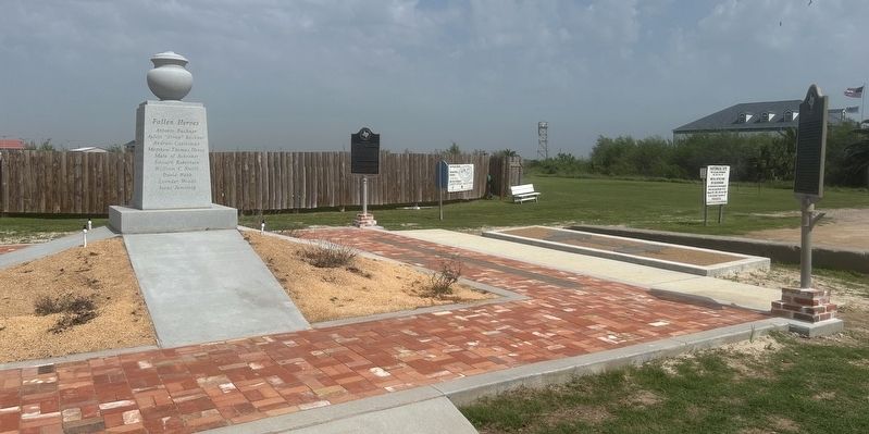 Velasco Marker (center) in proximity to Battle of Velasco Memorial and another marker (Old Velasco) image. Click for full size.