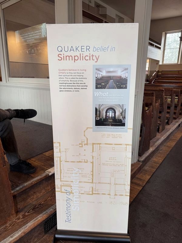 Indoor signage explaining Quaker architecture and practices. Click for full size. Indoor signage explaining Quaker architecture and practices image. Click for full size.