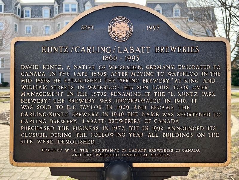 Kuntz/ Carling/ Labatt Breweries Marker. Click for full size. Kuntz/ Carling/ Labatt Breweries Marker image. Click for full size.