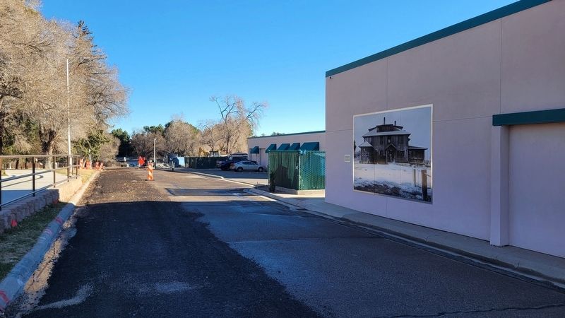 The view of the Los Alamos Ranch School Dormitory Marker along the street image. Click for full size.